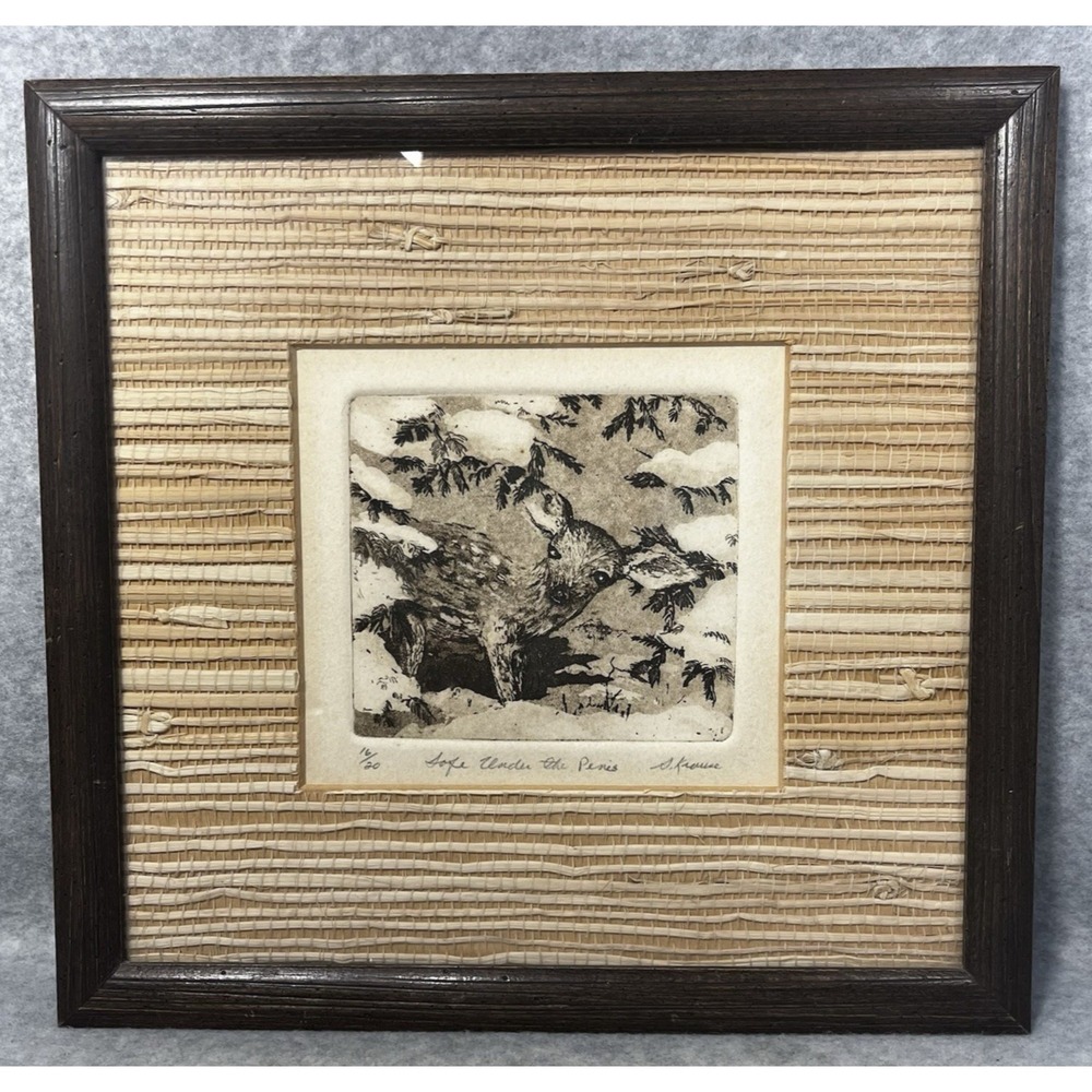 Sue Krause 1977 Etching Print Safe Among The Pines Signed Numbered Framed COA